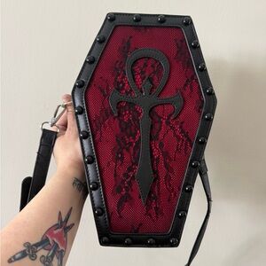 Gothic Coffin Cross Shoulder Bag in Red and Black dolls kill lace purse goth